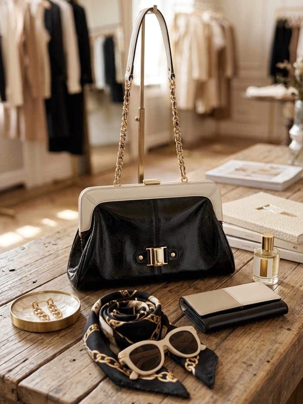B.Makowsky Patton, leather, black, and offwhite colored convertible bag